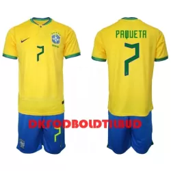 Brasilien Lucas Paqueta 7 Fodboldtrøje Børn Hjemmebane VM 2022