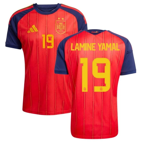 Spanien 2 Stars Lamine Yamal 19 Fodboldtrøje Herre Hjemmebane VM 2026 Spanien 2 Stars Lamine Yamal 19 Fodboldtrøje Herre Hjemmebane VM 2026